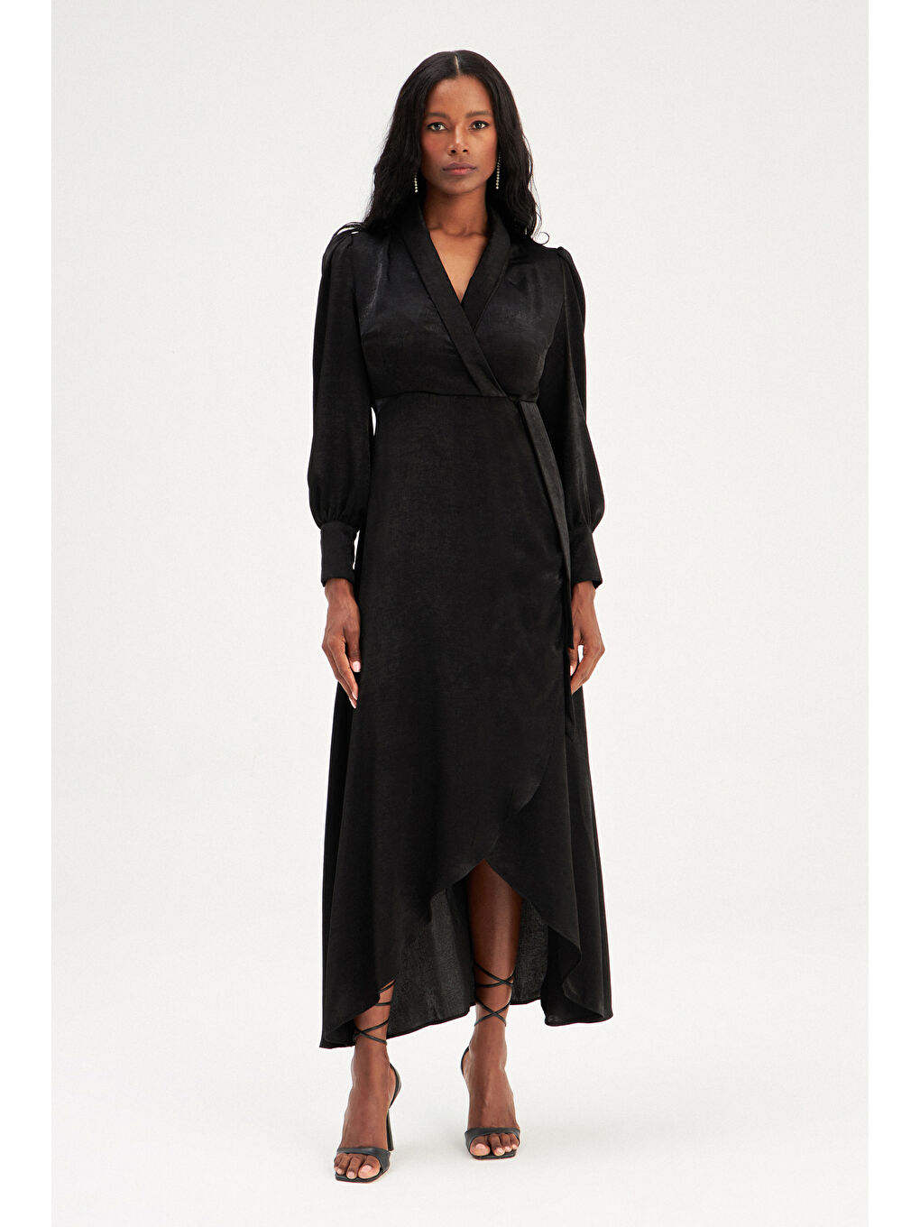 Kruvaze Detaylı Uzun Elbise - Siyah-1