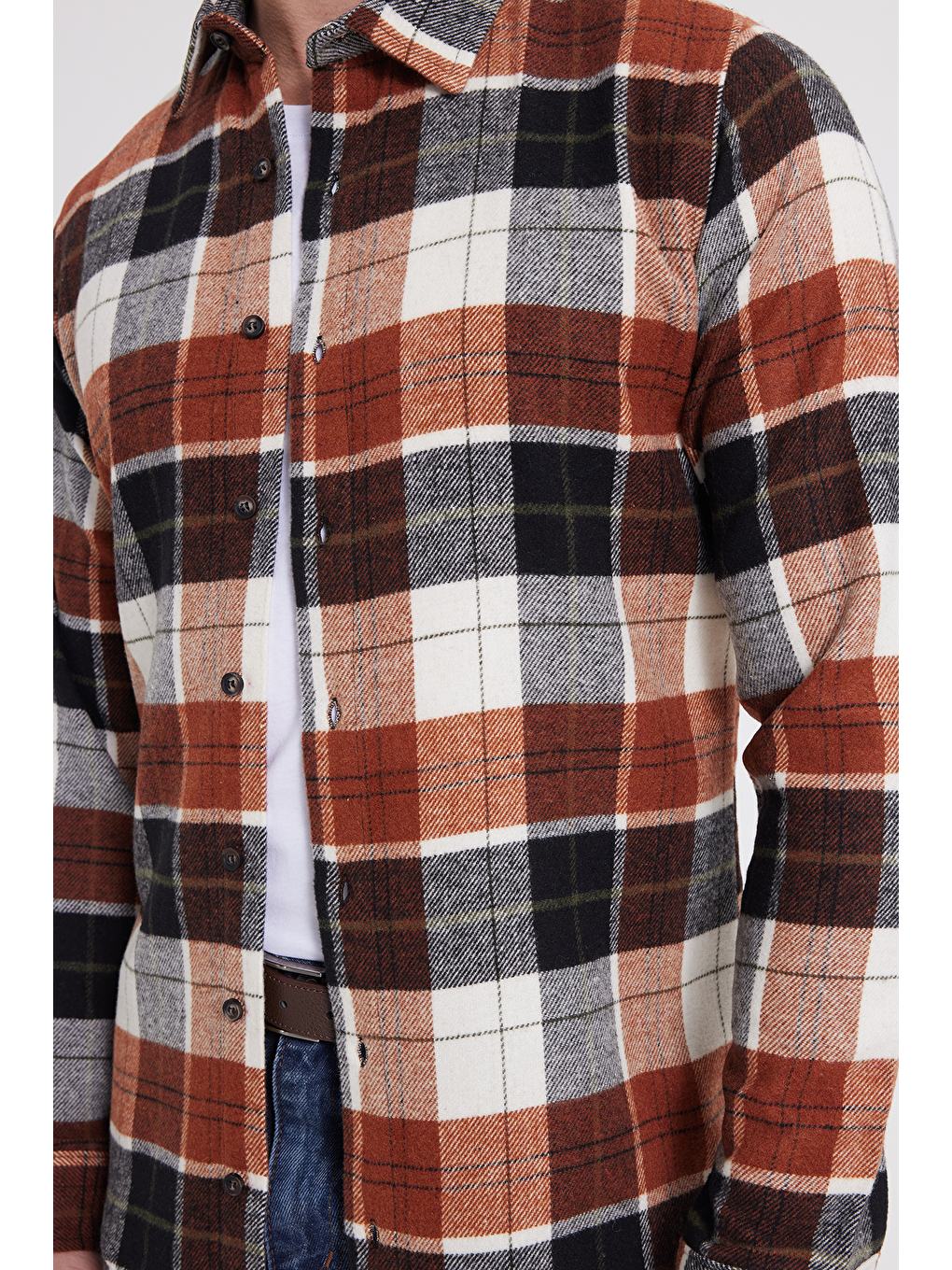 Kahverengi Erkek Slim Fit Dar Kesim Kareli Kışlık Oduncu Gömlek-3