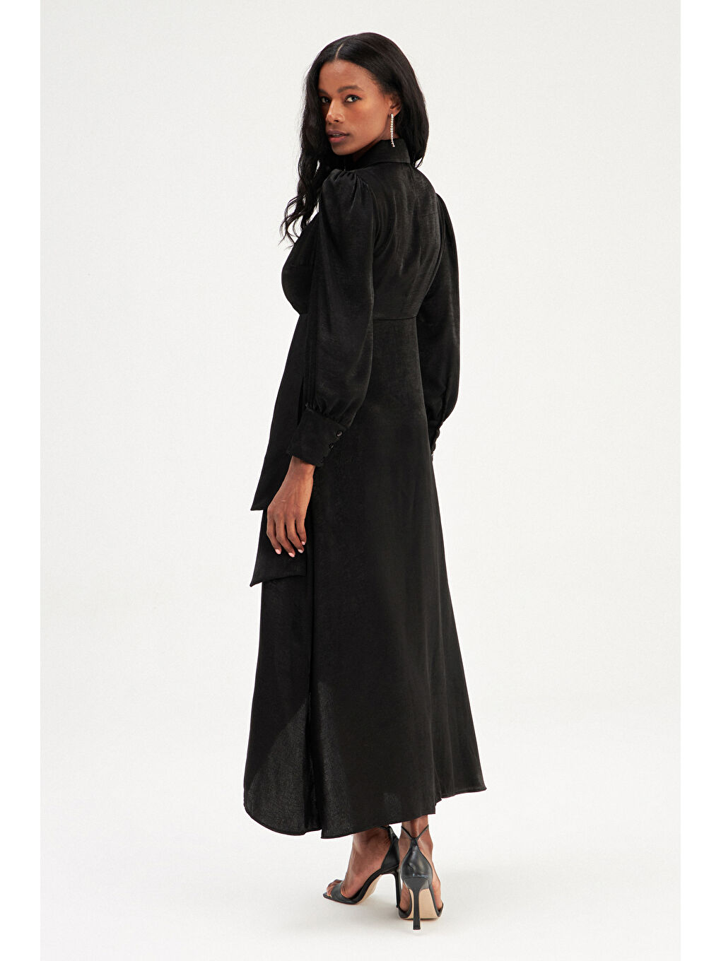 Kruvaze Detaylı Uzun Elbise - Siyah-2