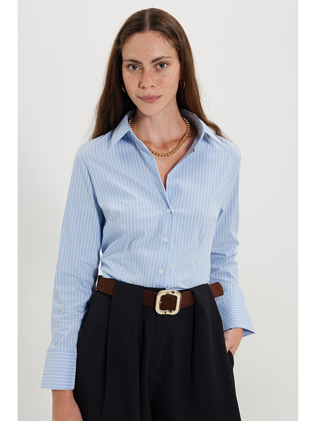 Kadın Slim Fit Dar Kesim Pamuklu Uzun Kollu Çizgili Mavi Kadın Gömlek