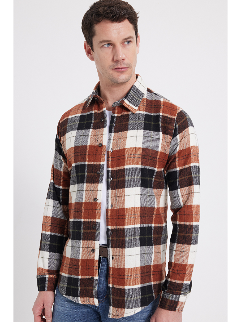 Kahverengi Erkek Slim Fit Dar Kesim Kareli Kışlık Oduncu Gömlek-5