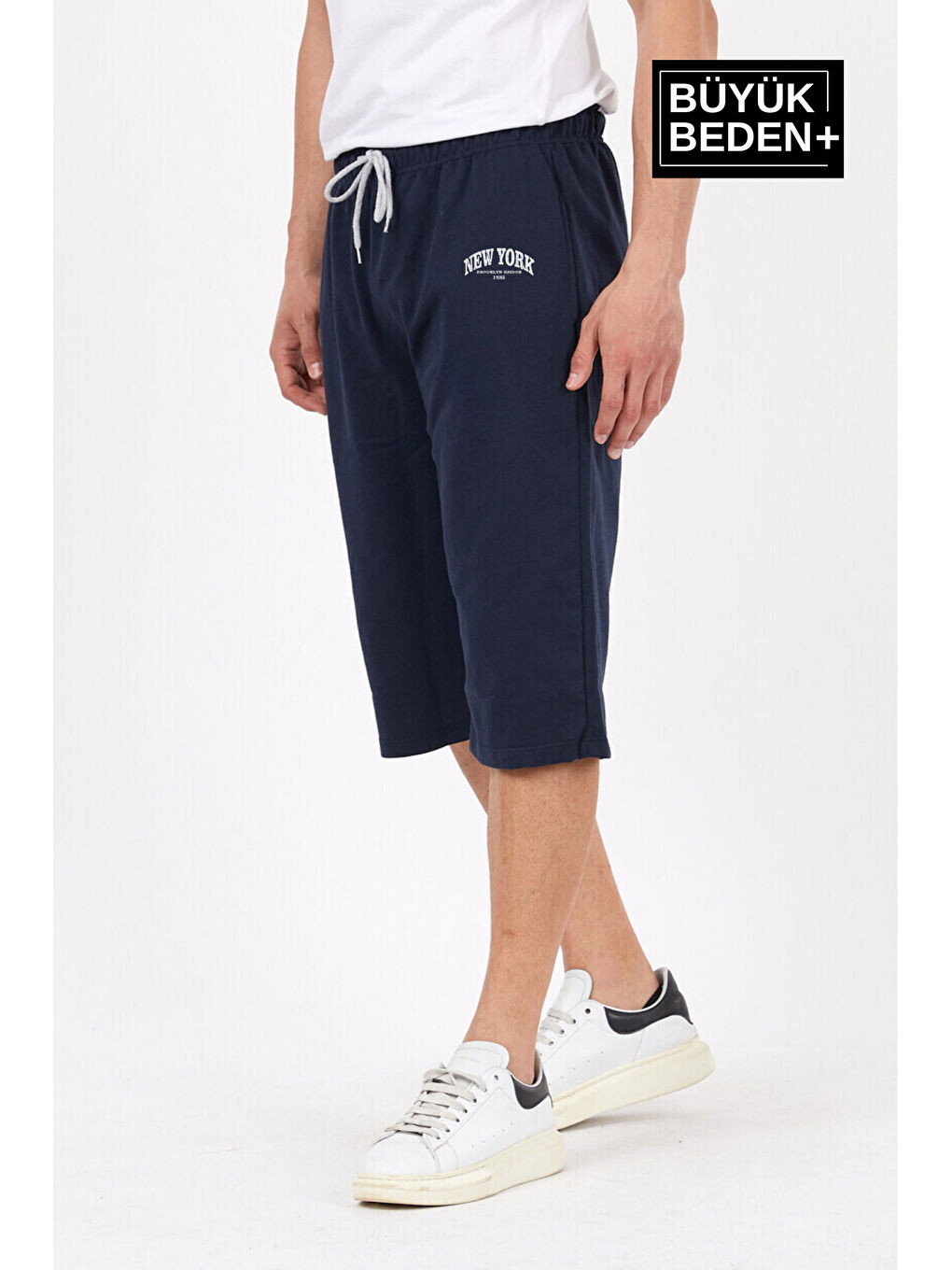 Lacivert Erkek  New York Baskılı Slim Fit Kalıp Büyük Beden Şort SPR25BSR087