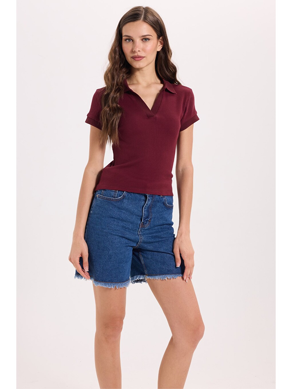 Kadın Slim Fit Dar Kesim Pamuklu Kısa Kollu Bordo Polo Yaka Tişört-1