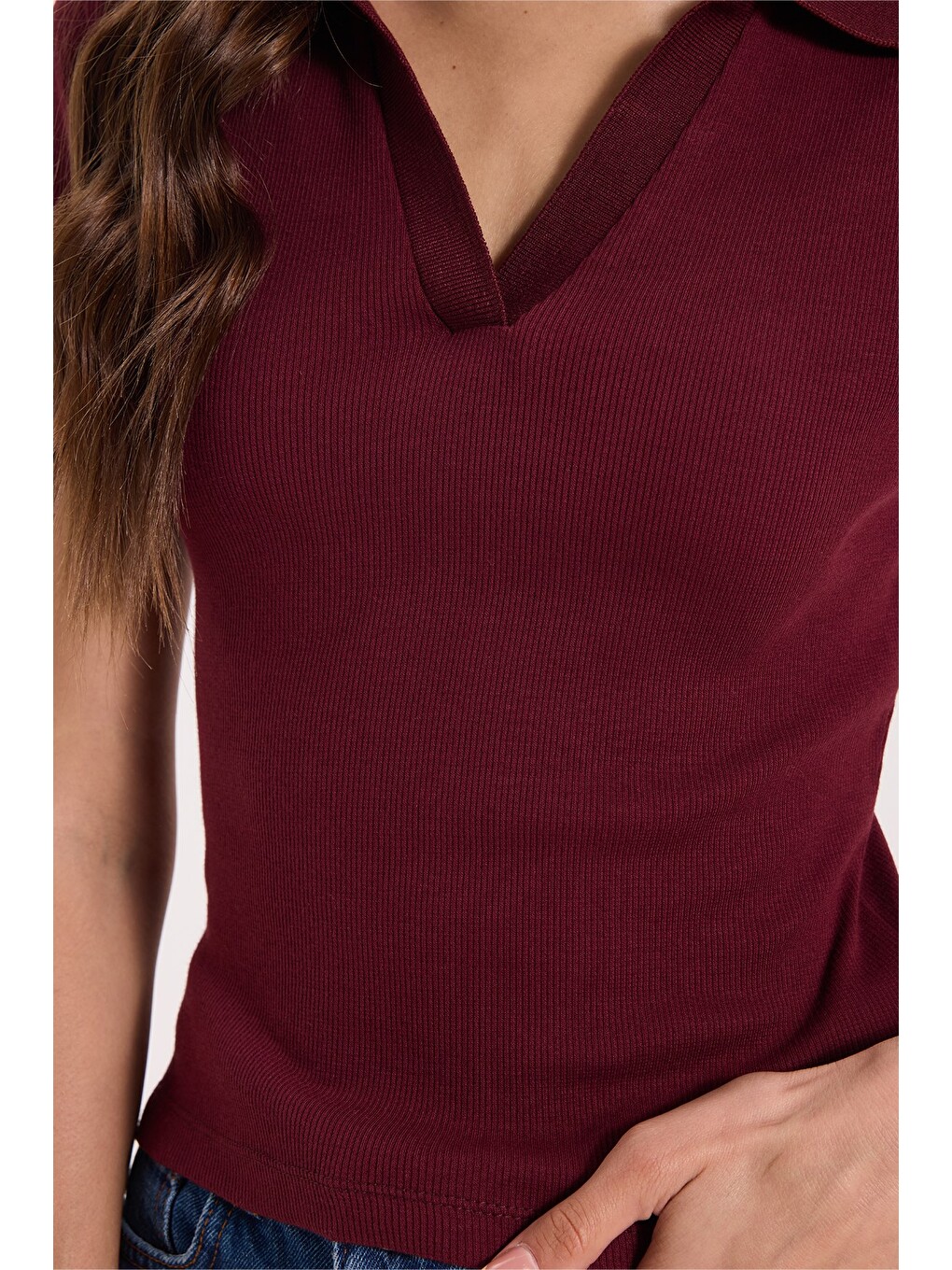 Kadın Slim Fit Dar Kesim Pamuklu Kısa Kollu Bordo Polo Yaka Tişört-4