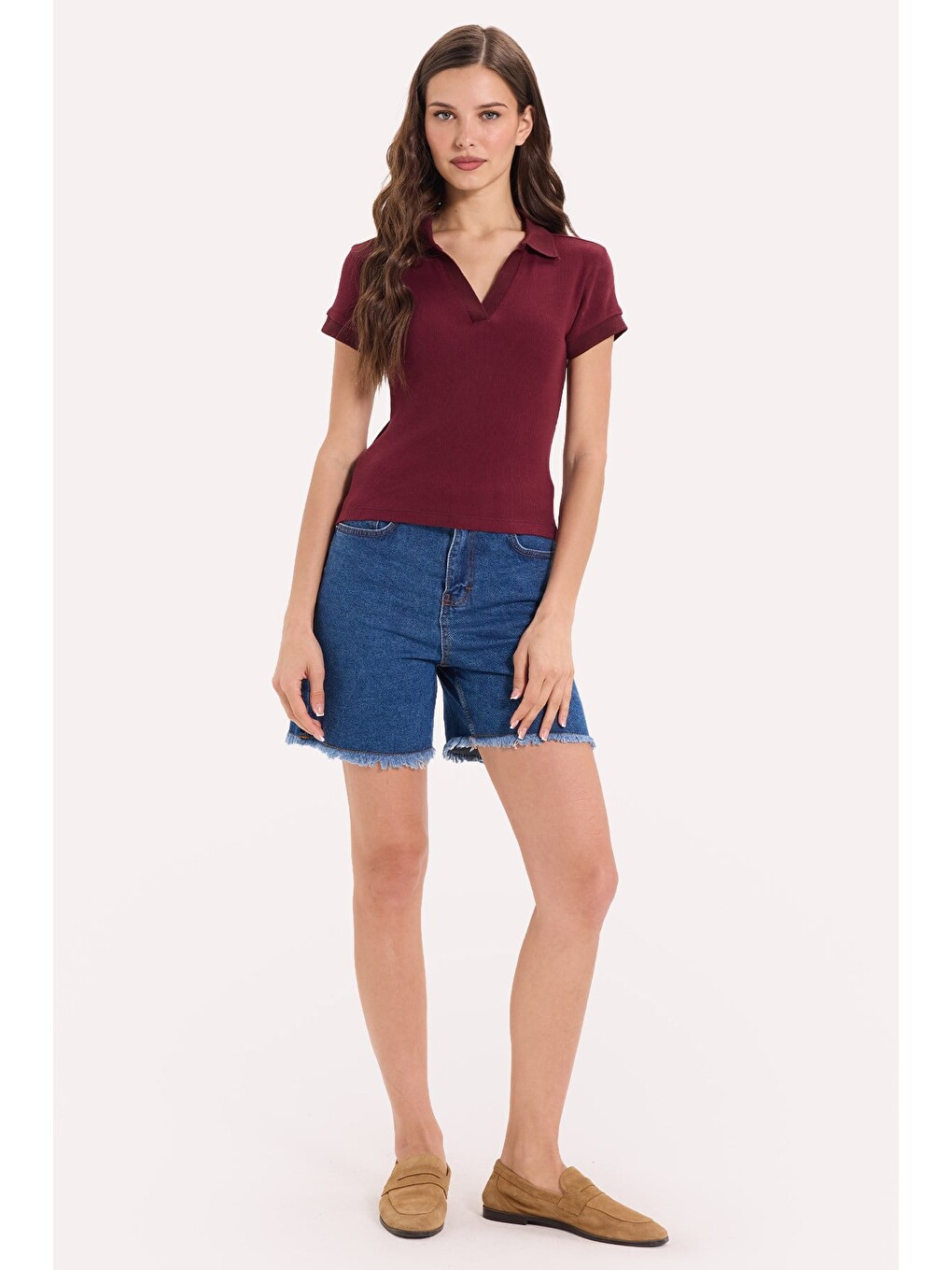 Kadın Slim Fit Dar Kesim Pamuklu Kısa Kollu Bordo Polo Yaka Tişört-7