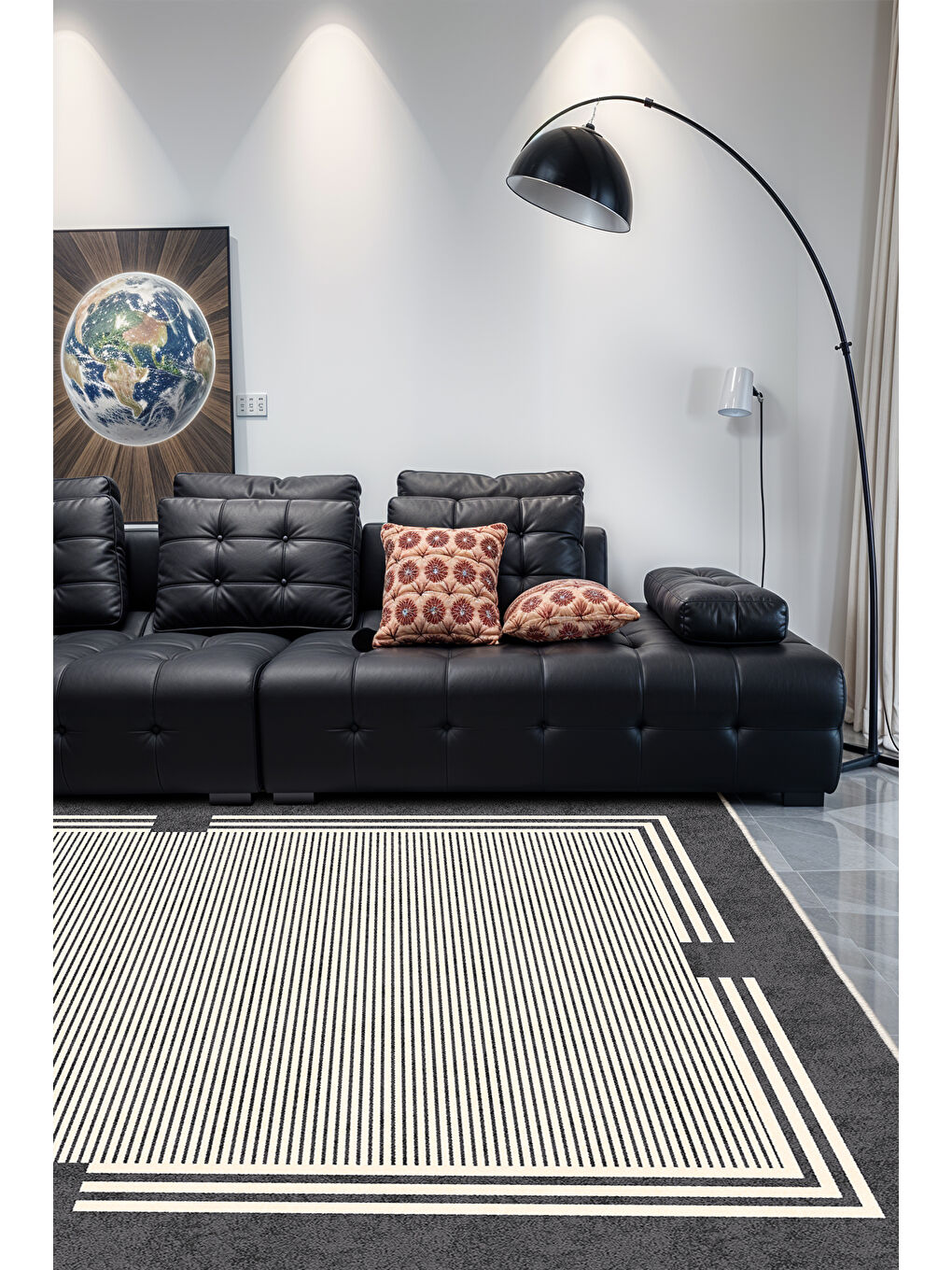 Antrasit Dekoratif Salon Halısı, Makinada Yıkanabilir, Kaymaz Taban, İnce & Modern Tasarım-1