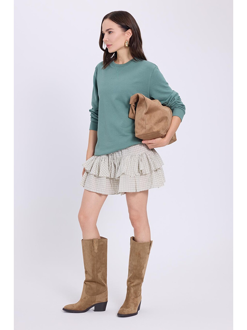 Kadın Oversize Geniş Kesim %100 Pamuk 3 İplik Basic Yeşil Bisiklet Yaka Sweatshirt-3