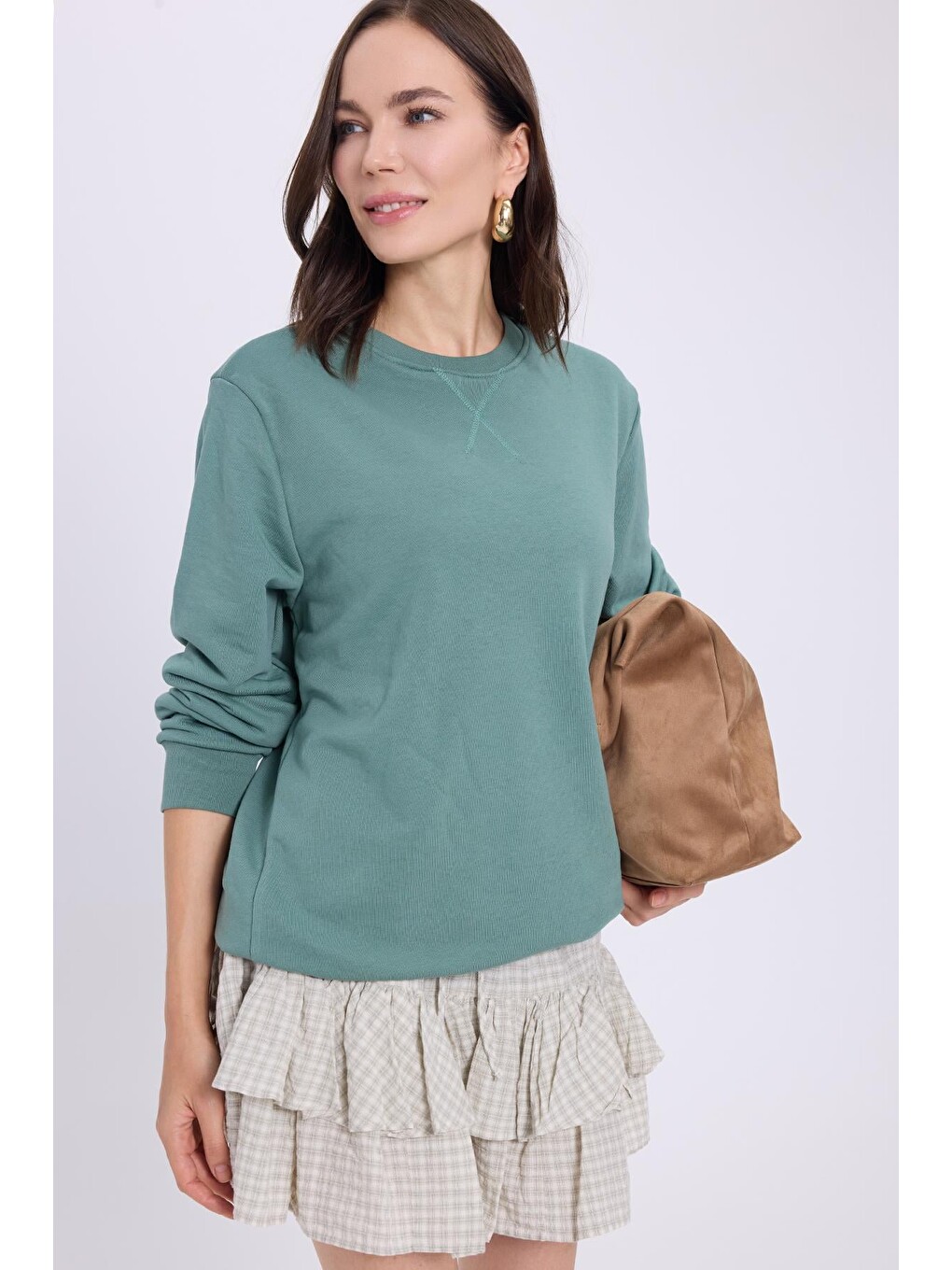 Kadın Oversize Geniş Kesim %100 Pamuk 3 İplik Basic Yeşil Bisiklet Yaka Sweatshirt-4