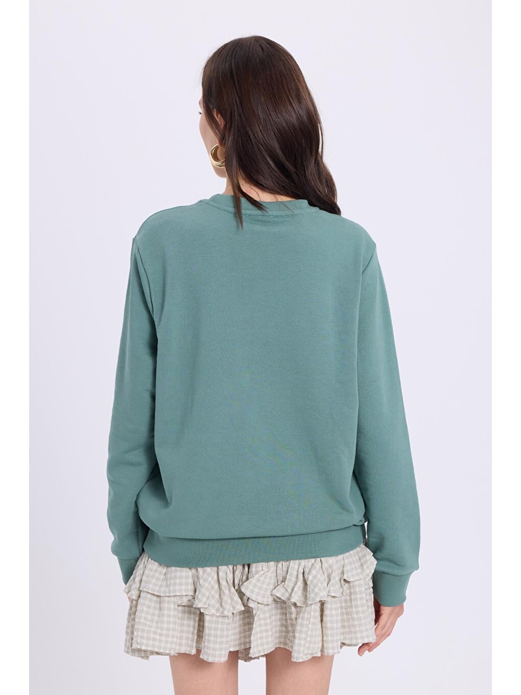 Kadın Oversize Geniş Kesim %100 Pamuk 3 İplik Basic Yeşil Bisiklet Yaka Sweatshirt-6