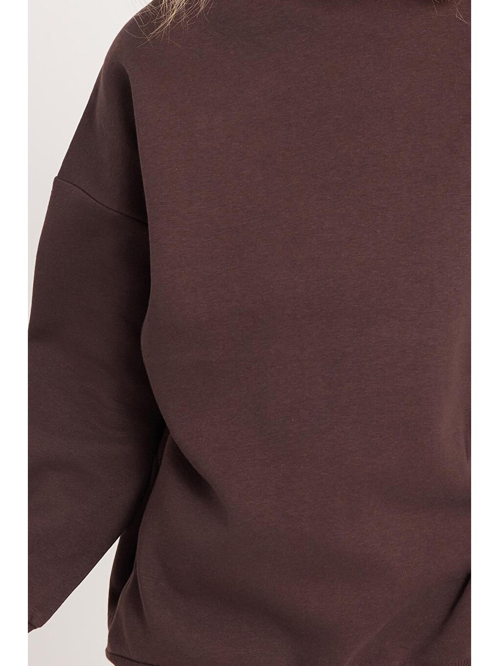 Kadın Oversize Geniş Kesim Pamuklu 3 İplik Bisiklet Yaka Kahverengi Sweatshirt-2