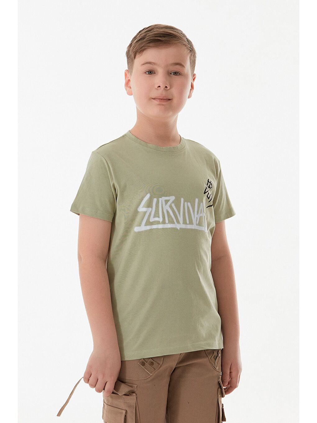 Turkuaz %100 Pamuk Survıval Yazı Baskılı Erkek Çocuk Tişört-2