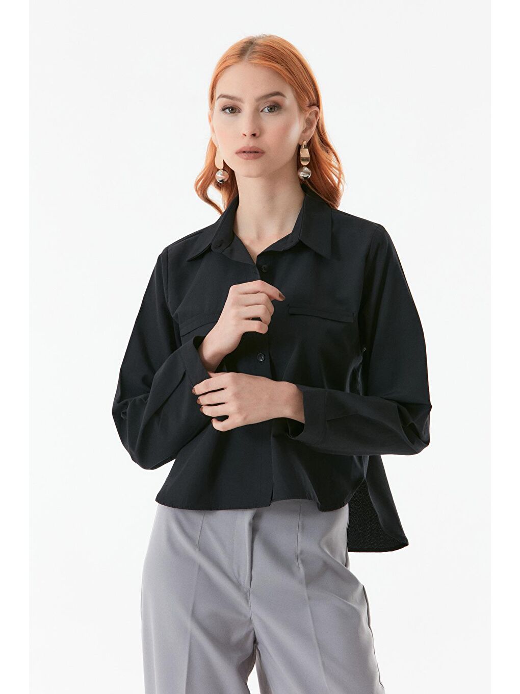 Siyah Basic Fleto Cep Detaylı Gömlek-1