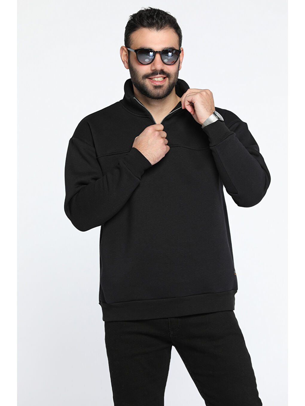 Mishar İtalia Siyah Dik Yaka Yarım Fermuarlı Üç İplik Şardonlu Erkek Sweatshirt - 1