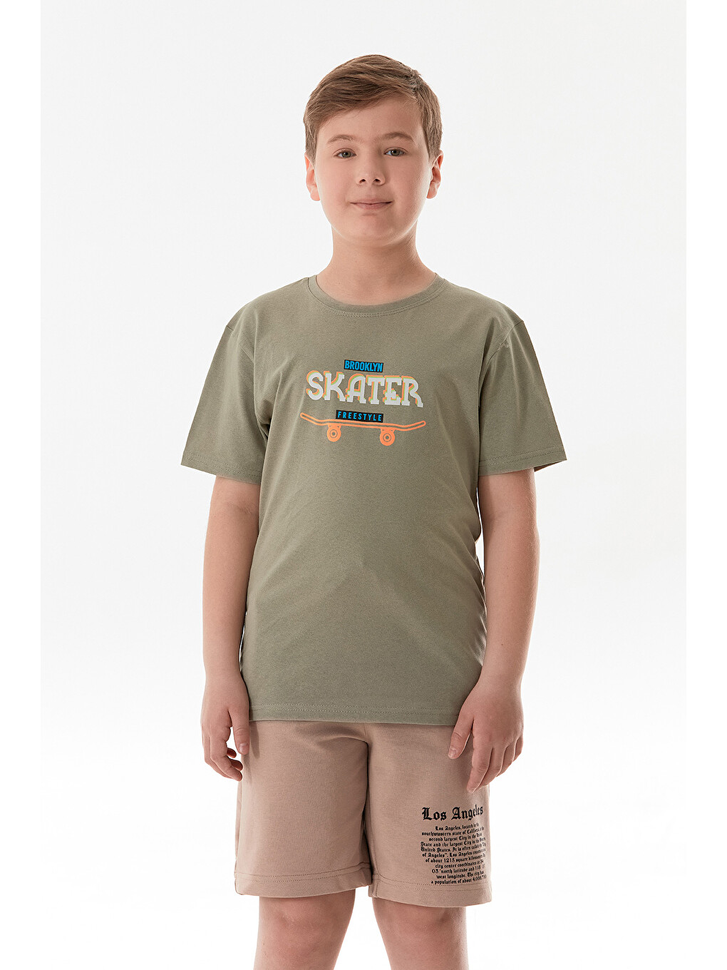Haki Skater Yazı Baskılı Erkek Çocuk Tişört-1