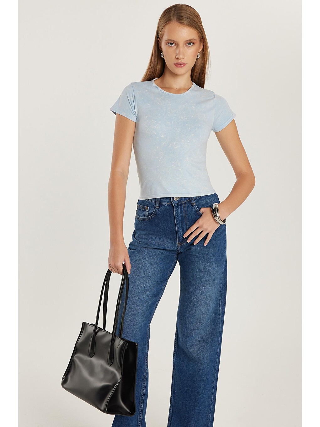 Kadın Slim Fit Dar Kesim Düz Basic Bisiklet Yaka Mavi Tişört-1