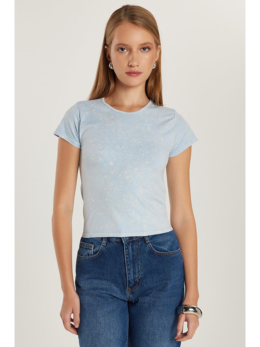Kadın Slim Fit Dar Kesim Düz Basic Bisiklet Yaka Mavi Tişört-3
