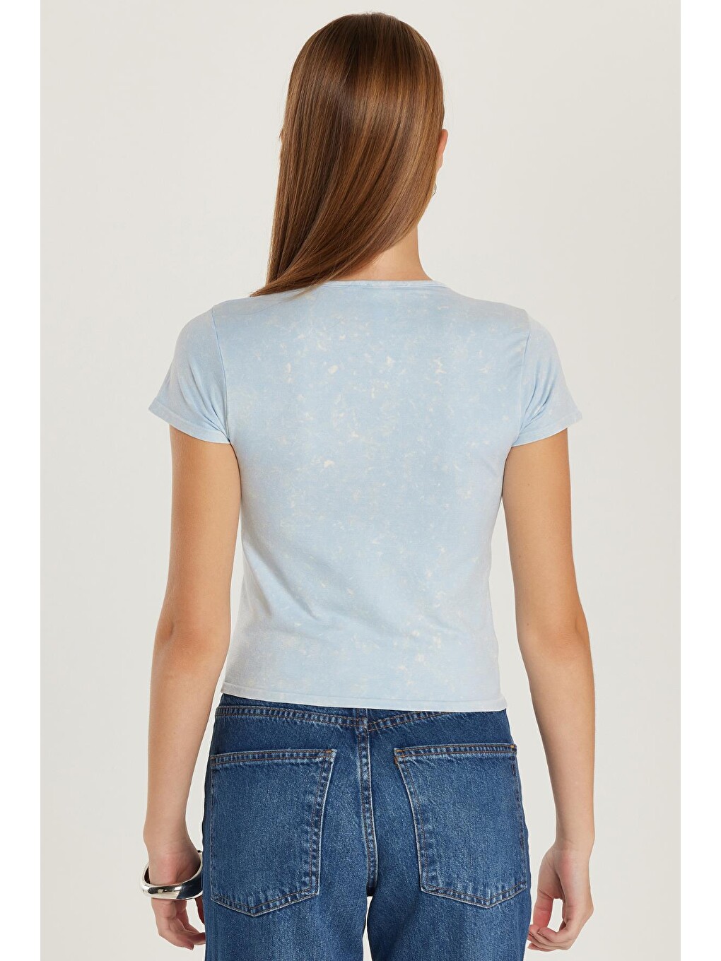 Kadın Slim Fit Dar Kesim Düz Basic Bisiklet Yaka Mavi Tişört-4