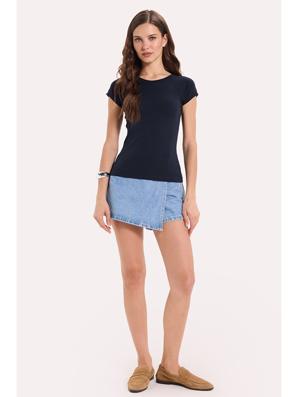 Kadın Slim Fit Dar Kesim Bisiklet Yaka Reglan Kol %100 Pamuk Lacivert Tişört Bluz-1