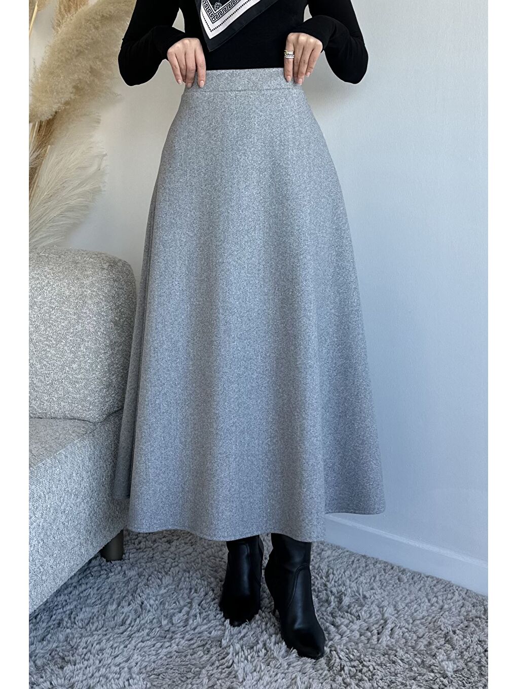 Gri Bel Lastikli Kaşe Tesettür Etek-1