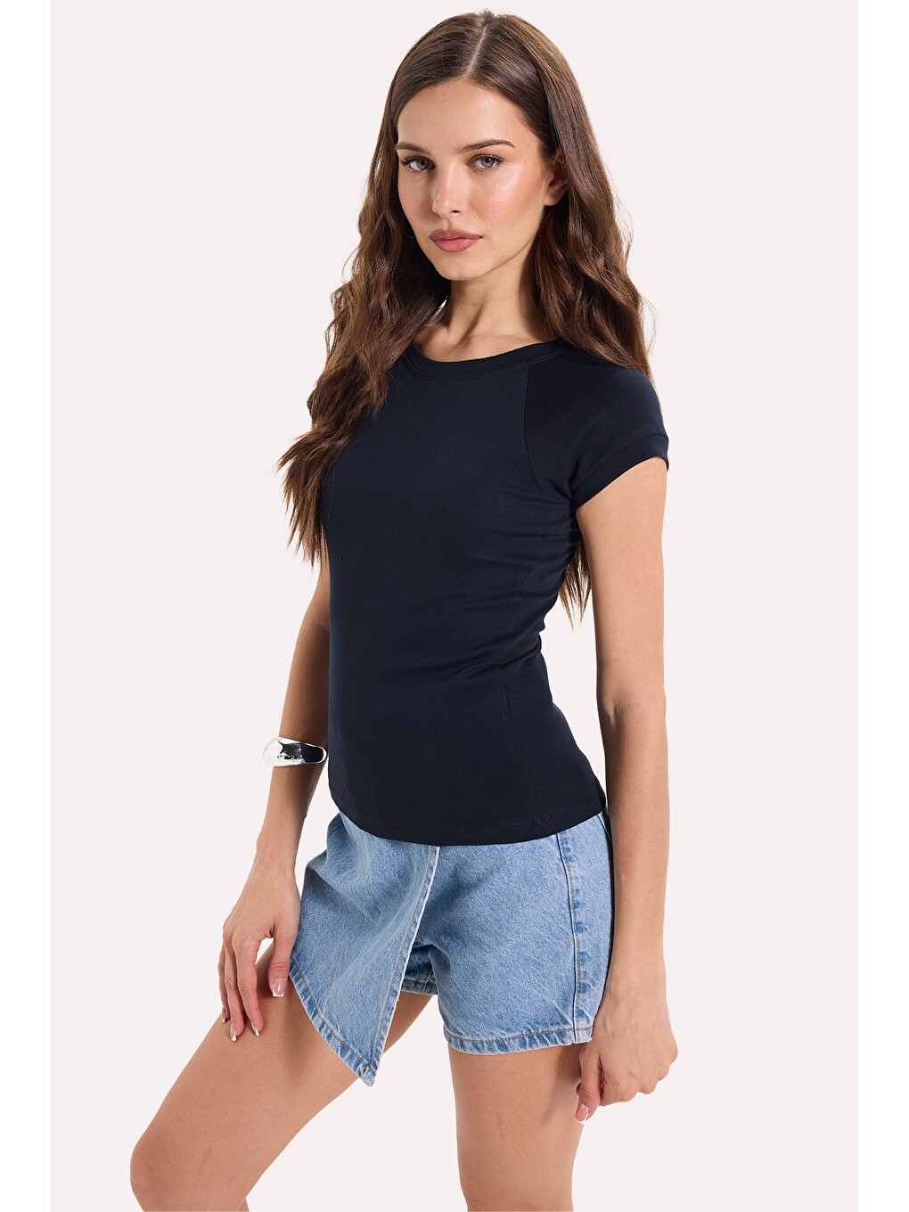 Kadın Slim Fit Dar Kesim Bisiklet Yaka Reglan Kol %100 Pamuk Lacivert Tişört Bluz-4