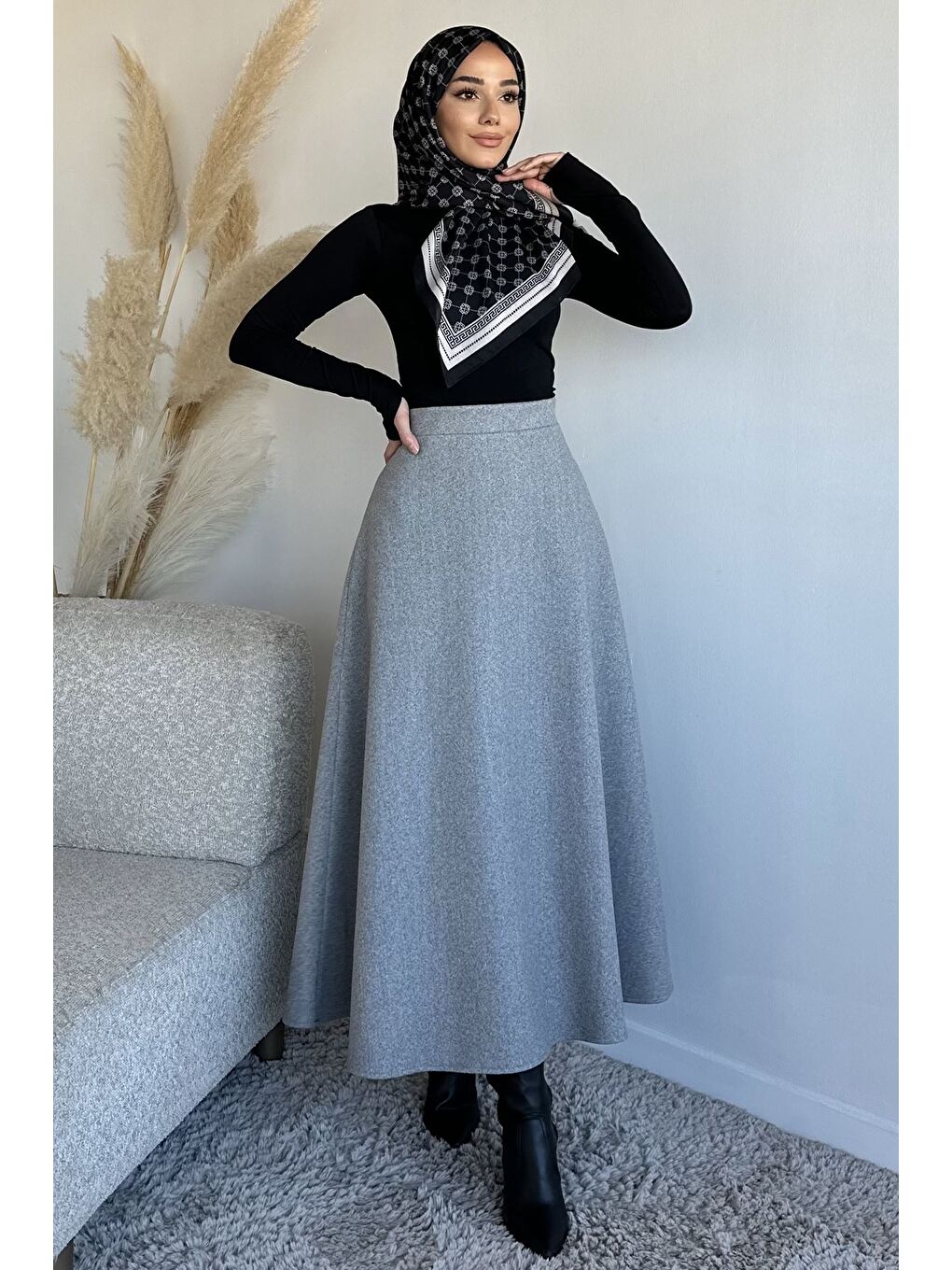 Gri Bel Lastikli Kaşe Tesettür Etek-3