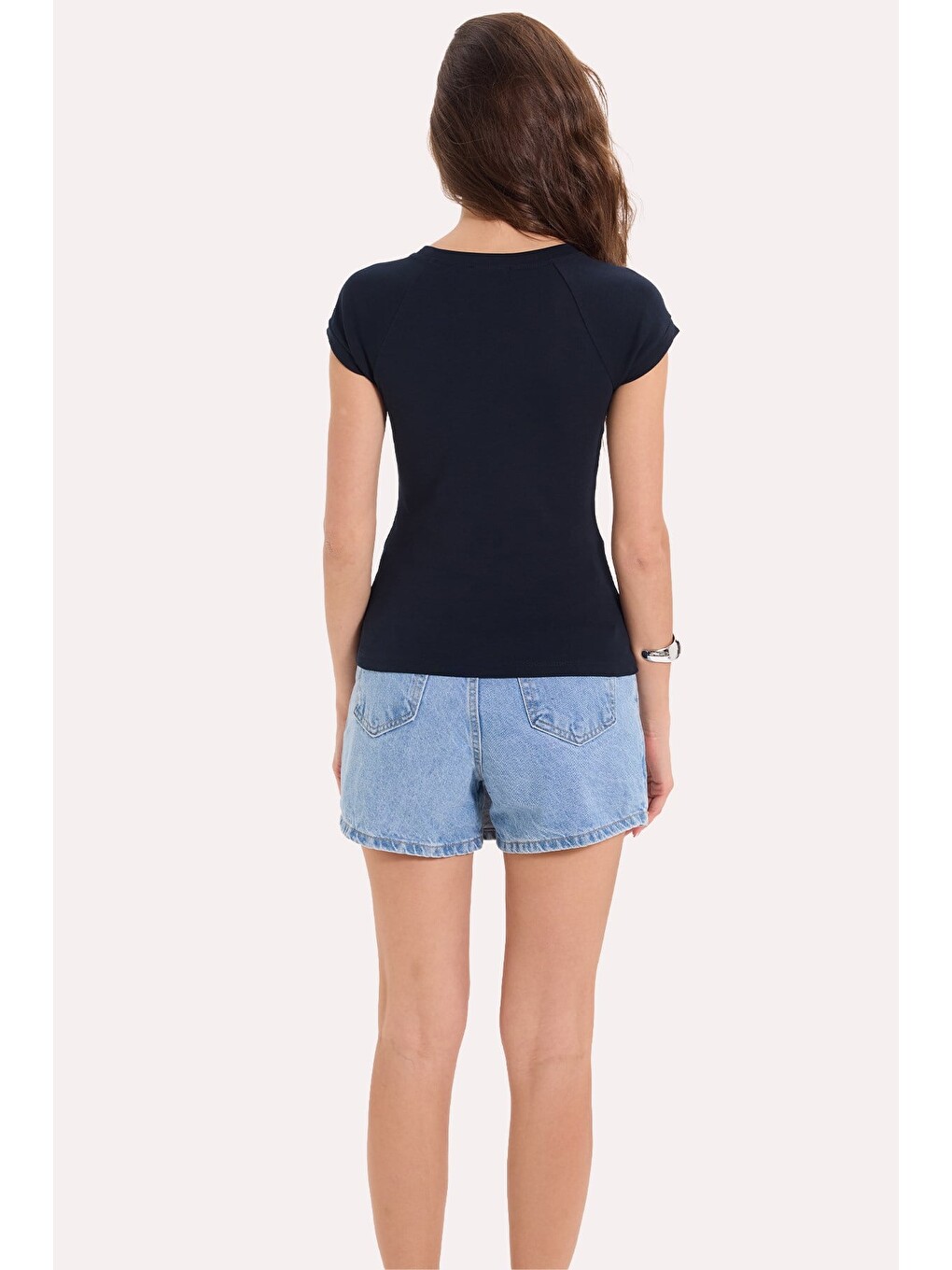 Kadın Slim Fit Dar Kesim Bisiklet Yaka Reglan Kol %100 Pamuk Lacivert Tişört Bluz-6
