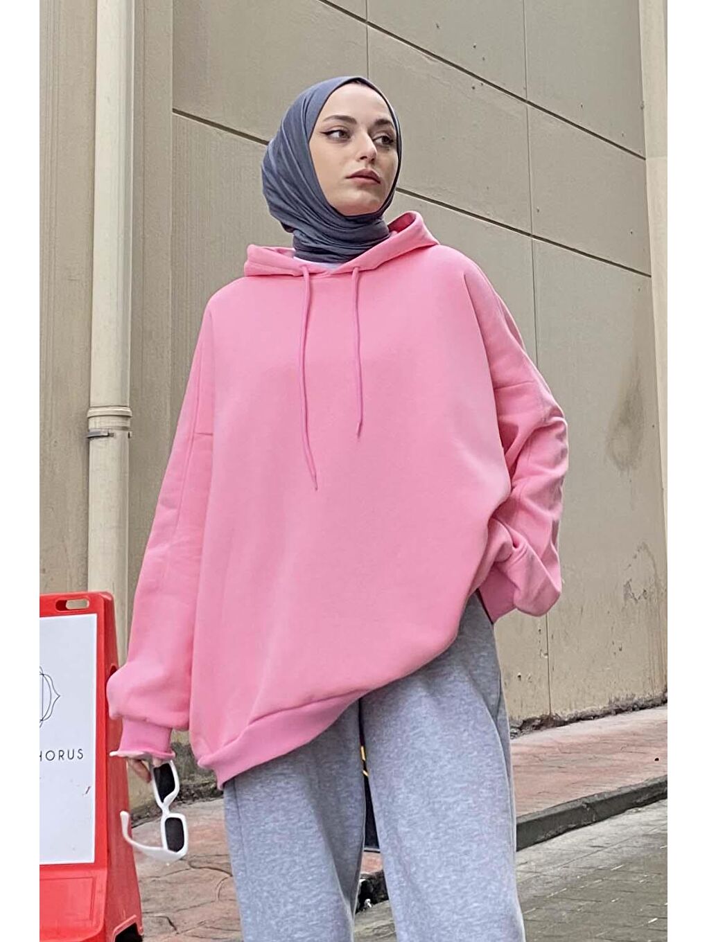 Pembe Kapüşonlu Oversize Yan Cepli Sweat Pudra-1