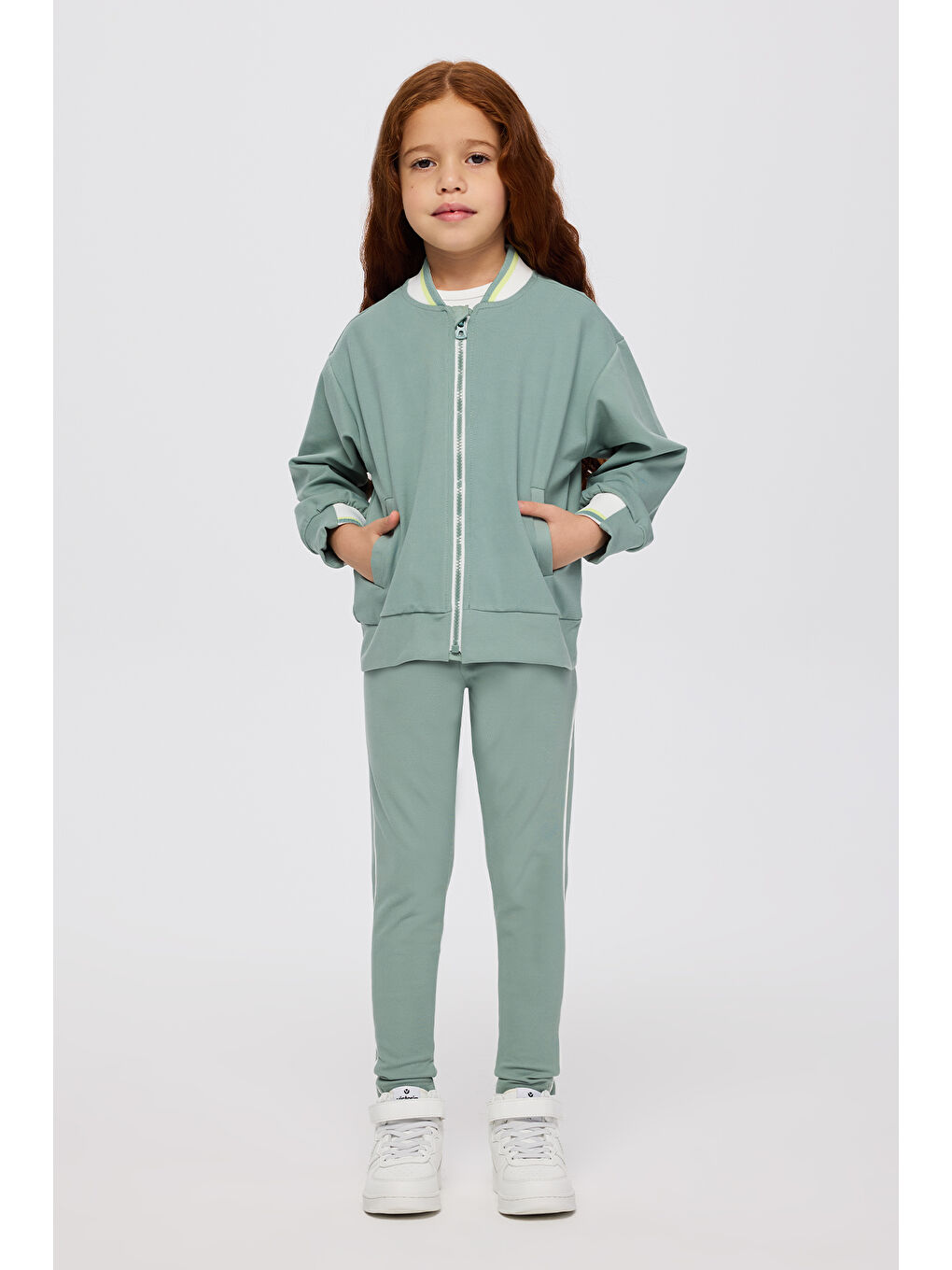 Kız Çocuk Kolej Yaka Yakası Çizgili Fermuarlı Yeşil Sweatshirt