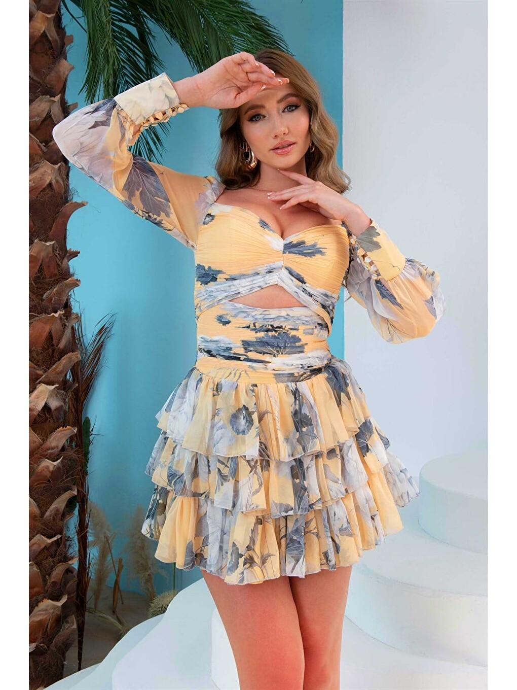 6Ixty8ight Sarı Şifon Kat Kat Kısa Abiye Elbise-4