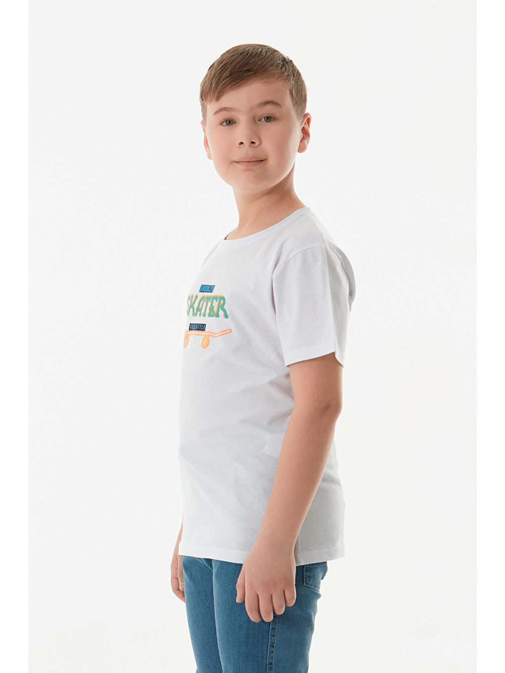 Beyaz Skater Yazı Baskılı Erkek Çocuk Tişört-4