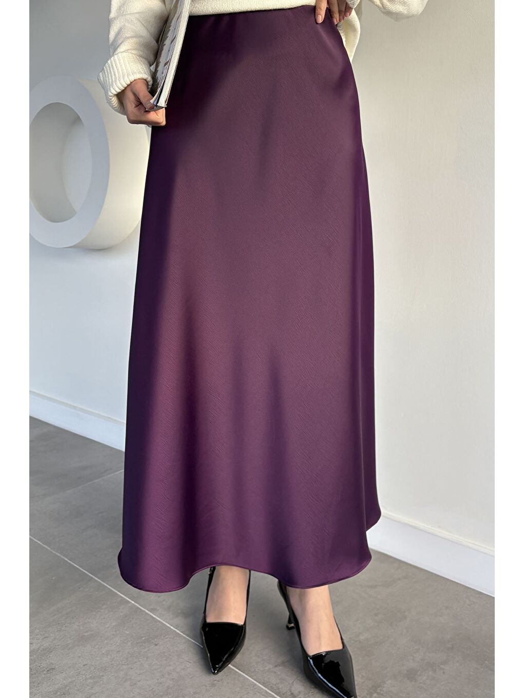 Mor Bel Lastikli Saten Tesettür Etek-1