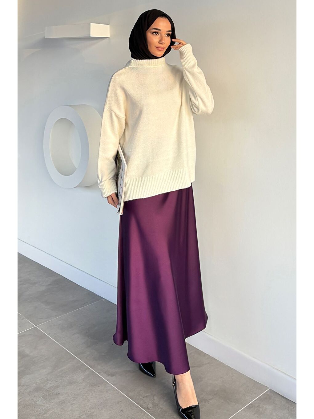 Mor Bel Lastikli Saten Tesettür Etek-2