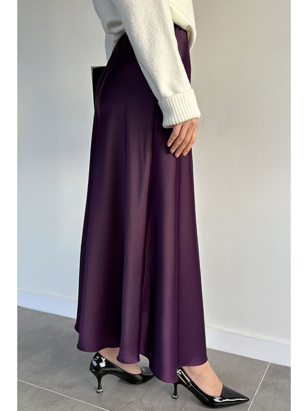 Mor Bel Lastikli Saten Tesettür Etek-4