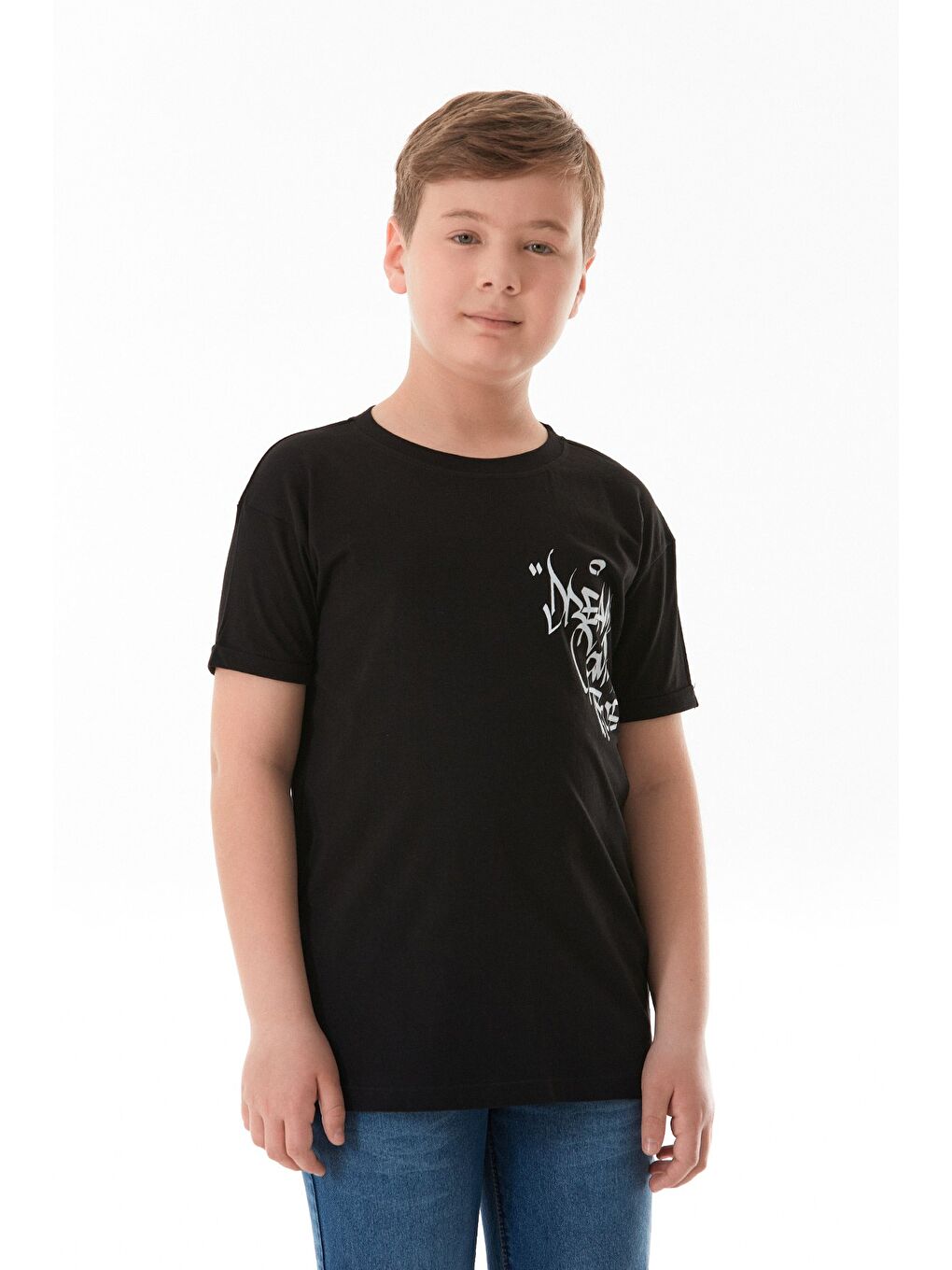 Siyah %100 Pamuk Yazı Baskılı Erkek Çocuk Tişört-2