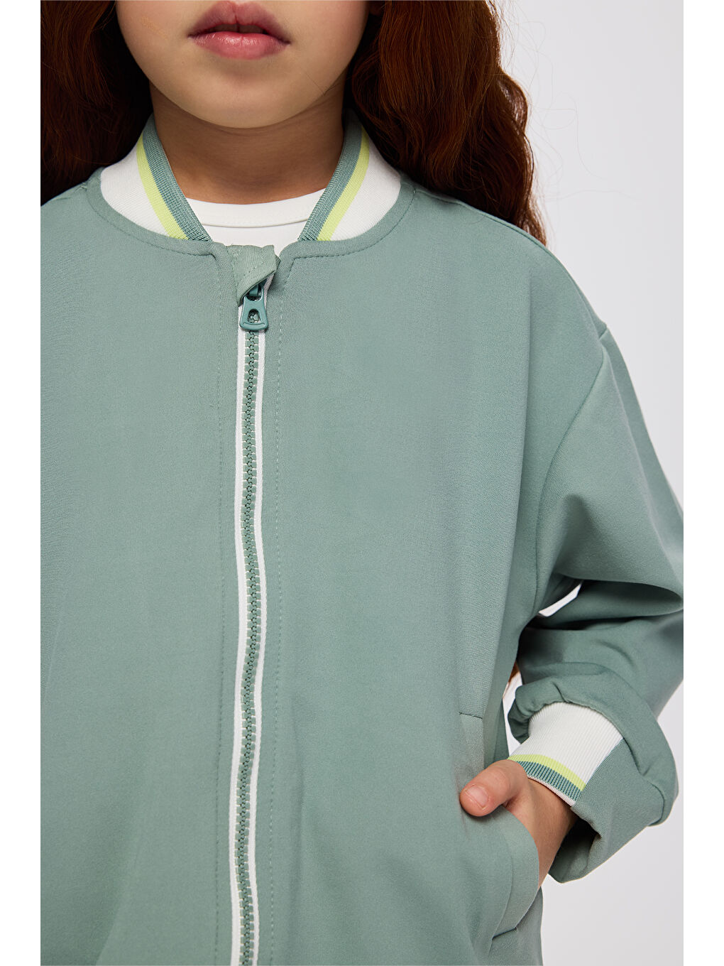 Kız Çocuk Kolej Yaka Yakası Çizgili Fermuarlı Yeşil Sweatshirt-3