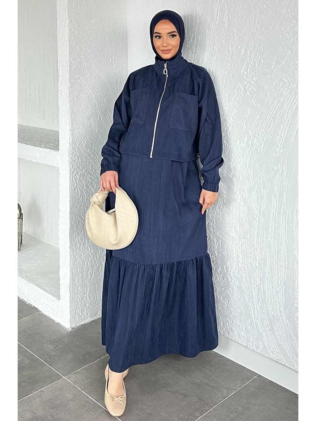 Lacivert Gülseli Kadın Kolsuz Elbise Ceket Tesettür İkili Takım-1