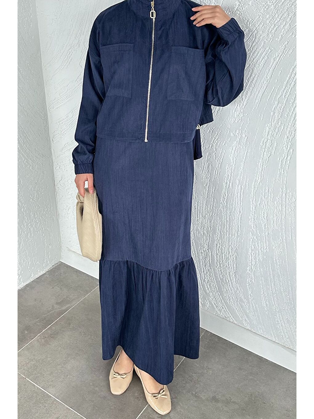 Lacivert Gülseli Kadın Kolsuz Elbise Ceket Tesettür İkili Takım-2