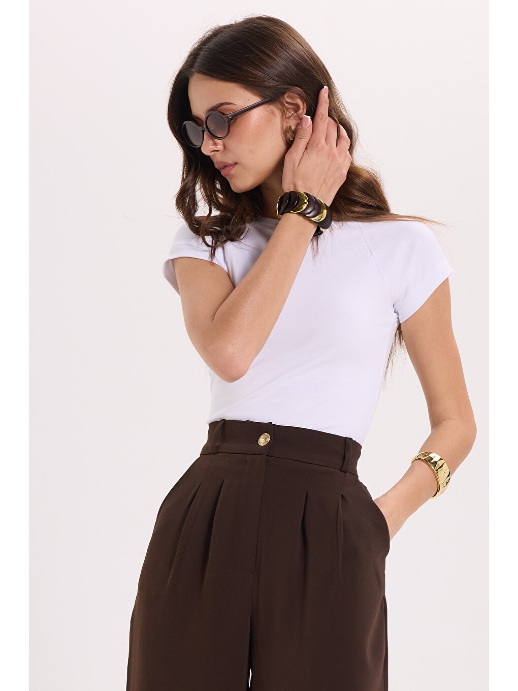 Kadın Slim Fit Dar Kesim Bisiklet Yaka Reglan Kol %100 Pamuk Beyaz Tişört Bluz-1