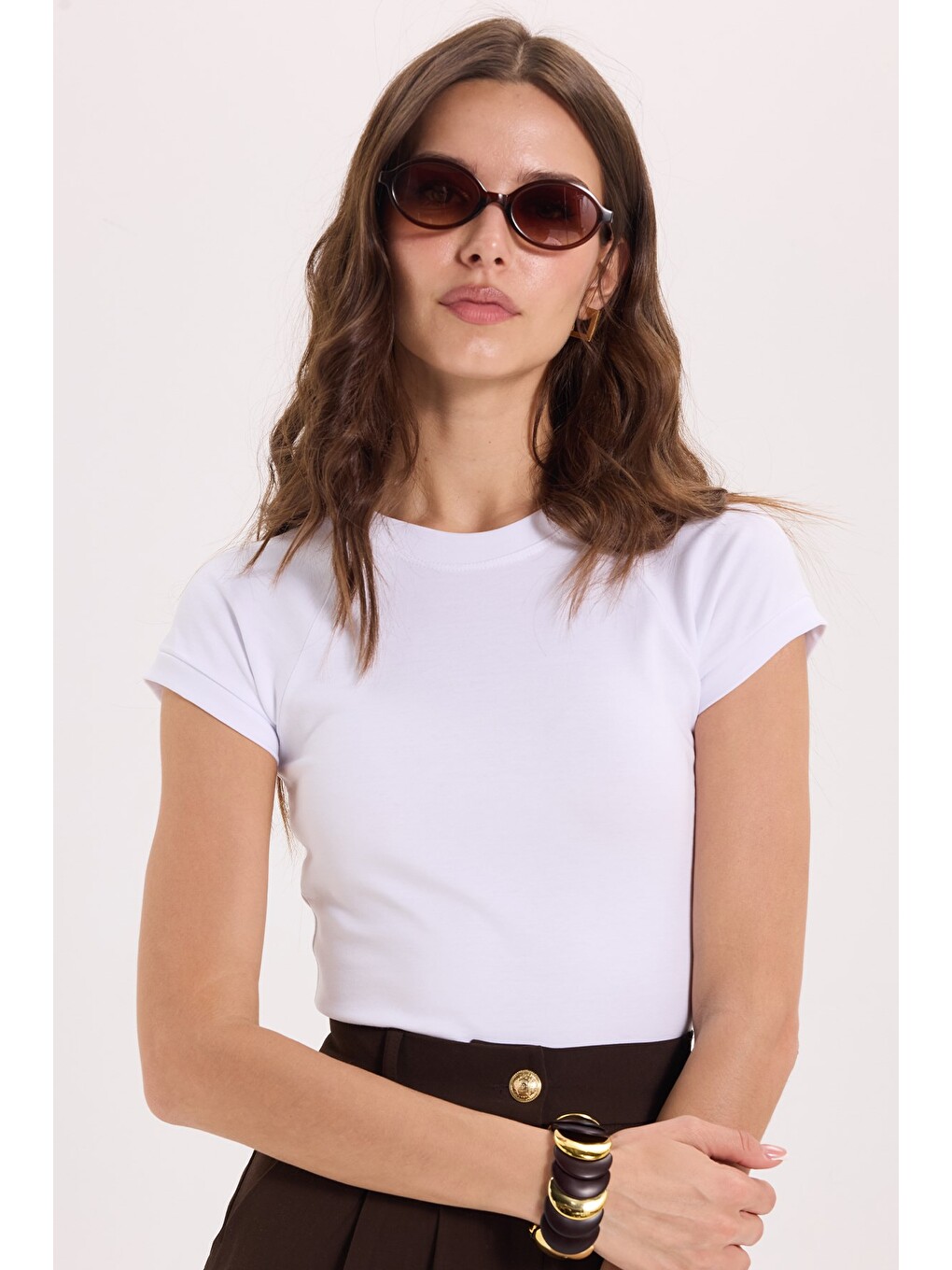 Kadın Slim Fit Dar Kesim Bisiklet Yaka Reglan Kol %100 Pamuk Beyaz Tişört Bluz-4