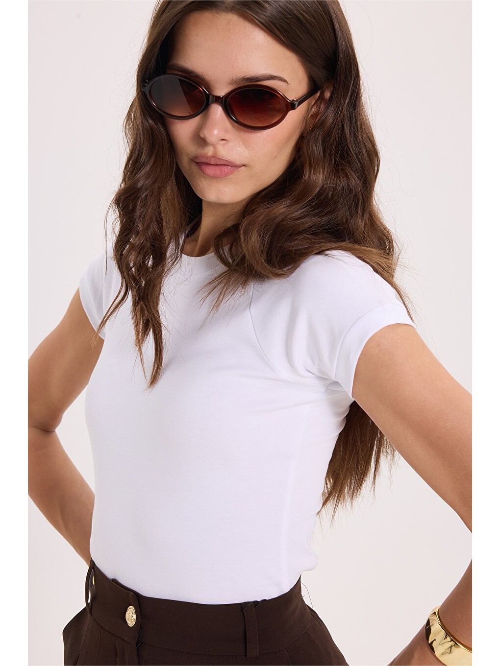 Kadın Slim Fit Dar Kesim Bisiklet Yaka Reglan Kol %100 Pamuk Beyaz Tişört Bluz-6
