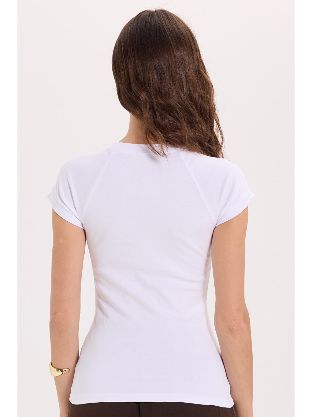Kadın Slim Fit Dar Kesim Bisiklet Yaka Reglan Kol %100 Pamuk Beyaz Tişört Bluz-7