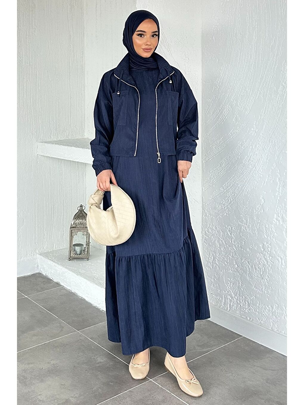 Lacivert Gülseli Kadın Kolsuz Elbise Ceket Tesettür İkili Takım-4