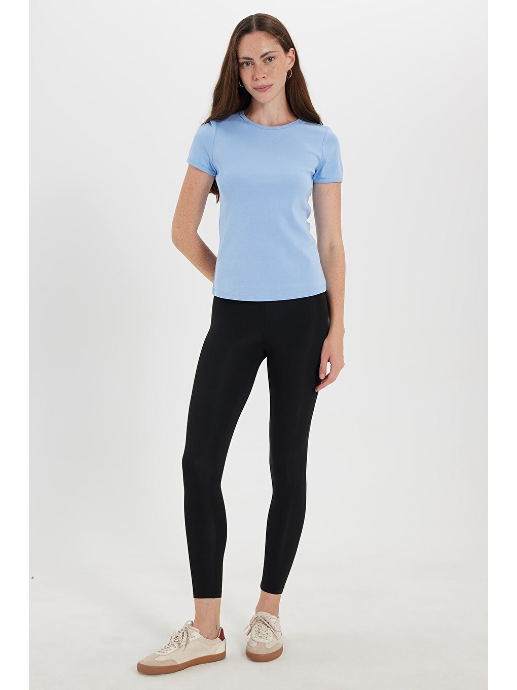 Kadın Slim Fit Dar Kesim %100 Pamuk Kısa Kol Bisiklet Yaka Mavi Tişört-1