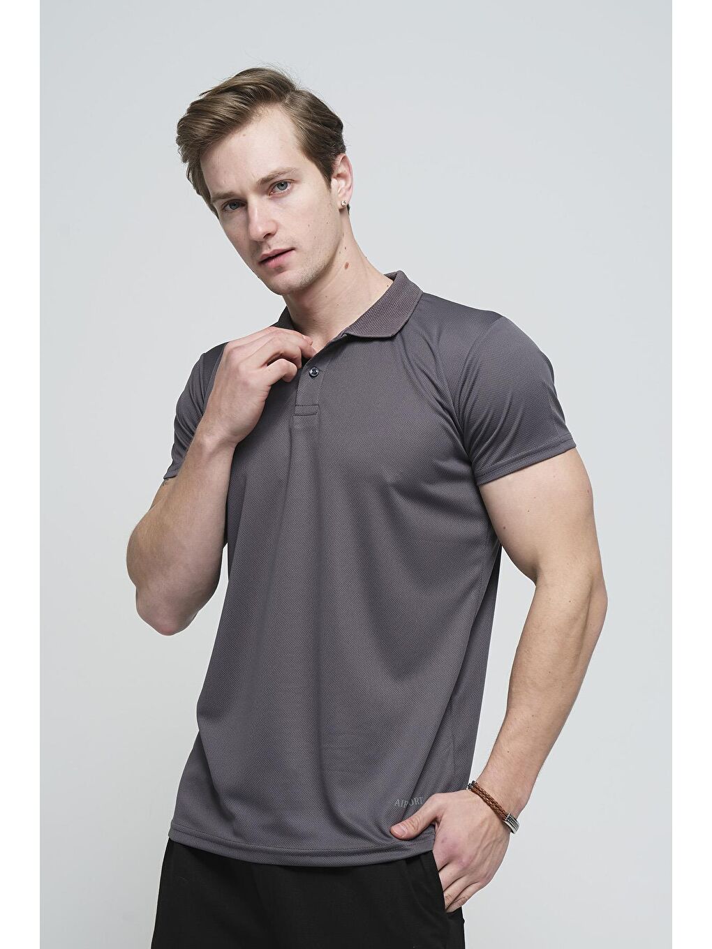 Gri Este Mikro Polyester Performans Antrenman Erkek Bisiklet Yaka Tişört