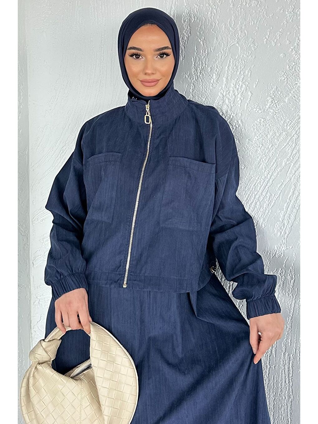 Lacivert Gülseli Kadın Kolsuz Elbise Ceket Tesettür İkili Takım-7