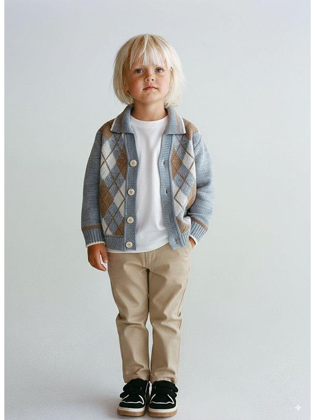 Karışık Erkek Çocuk Pamuklu Mavi Ekose Desenli Triko Hırka Ve Bej Pantolon Takım