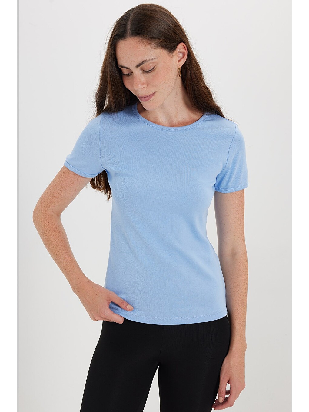 Kadın Slim Fit Dar Kesim %100 Pamuk Kısa Kol Bisiklet Yaka Mavi Tişört-7