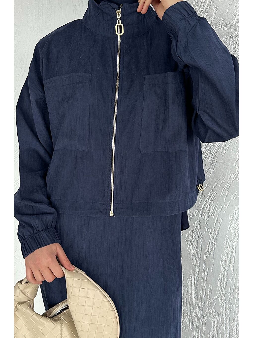 Lacivert Gülseli Kadın Kolsuz Elbise Ceket Tesettür İkili Takım-9