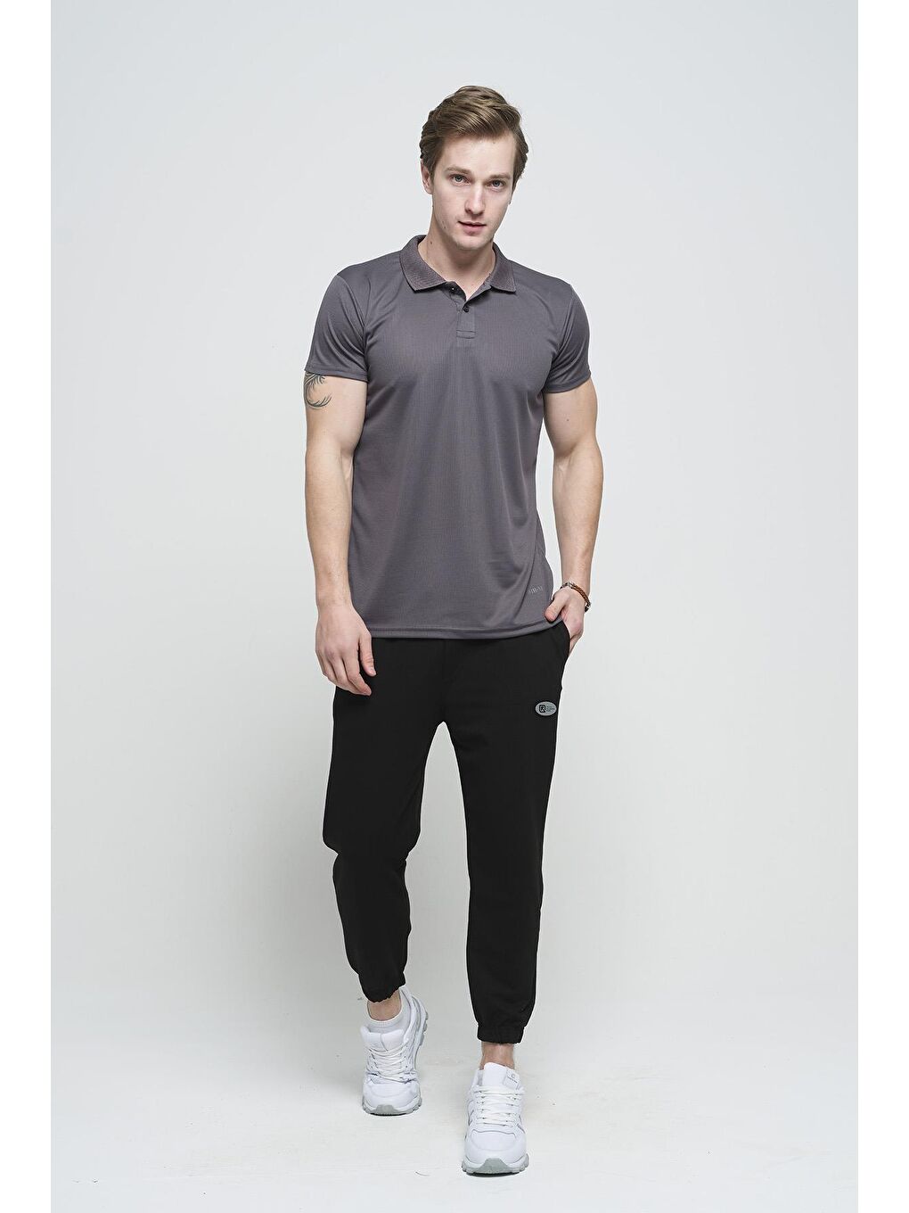 Gri Este Mikro Polyester Performans Antrenman Erkek Bisiklet Yaka Tişört-1