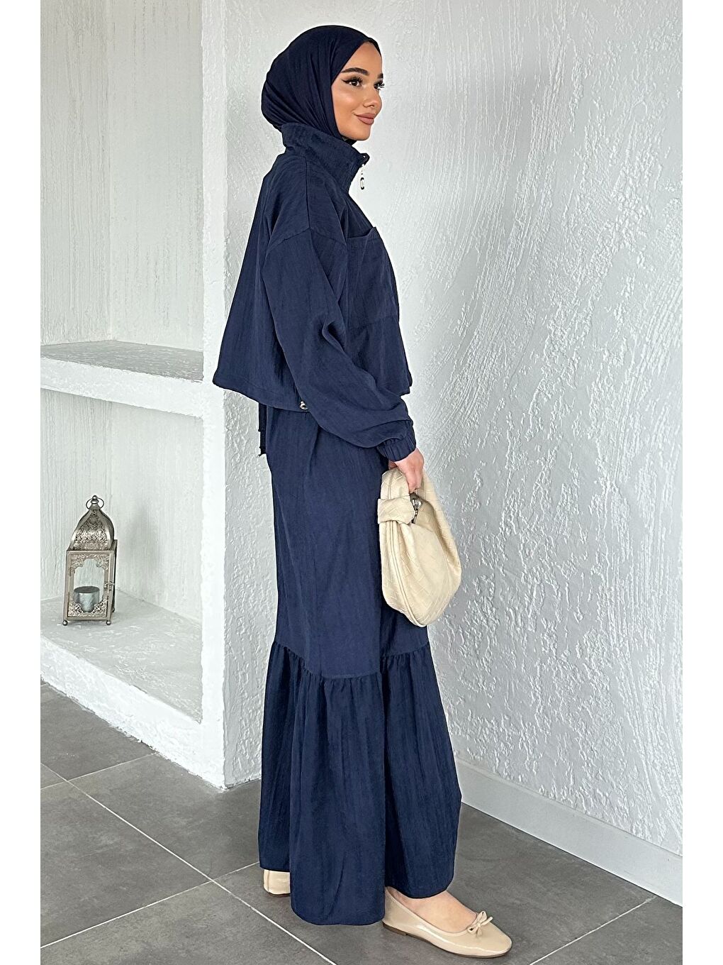 Lacivert Gülseli Kadın Kolsuz Elbise Ceket Tesettür İkili Takım-11